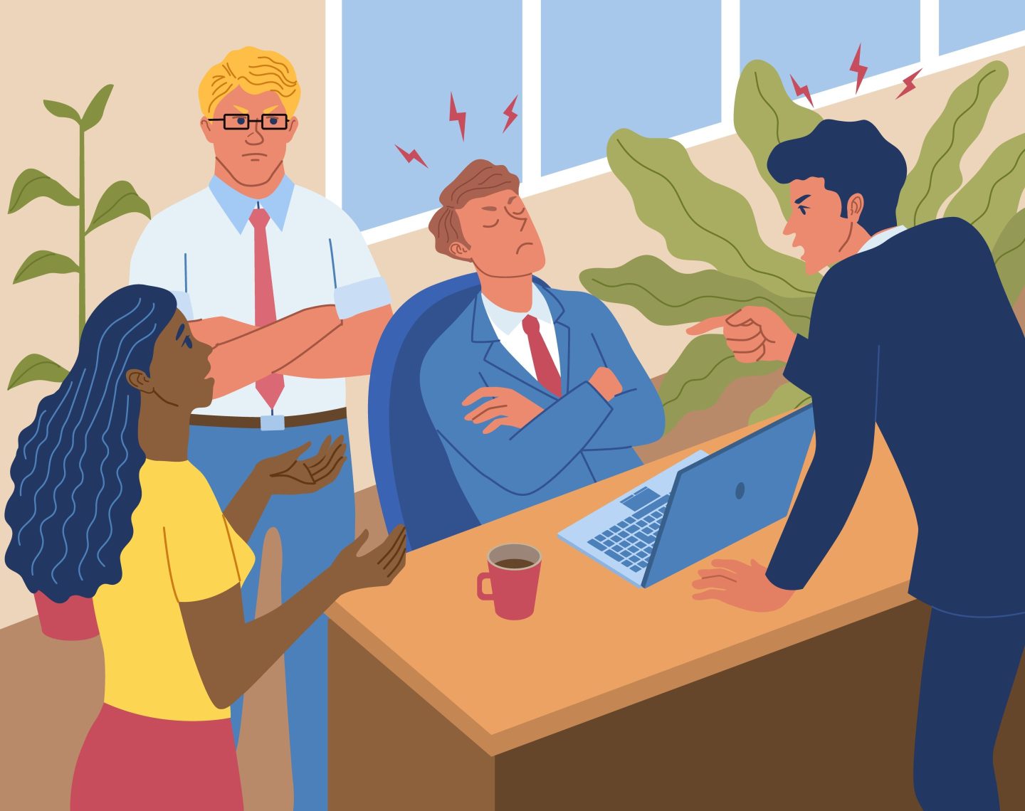 The cartoon illustration shows co-workers arguing in an office.