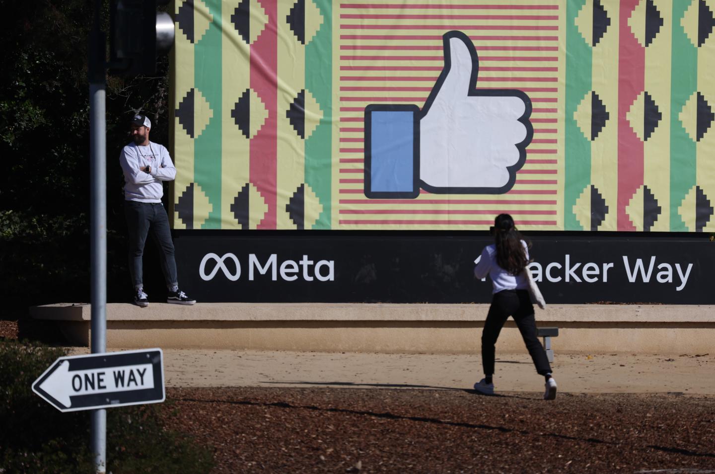 A sign in posted in front of Meta headquarters on February 02, 2022 in Menlo Park, California.