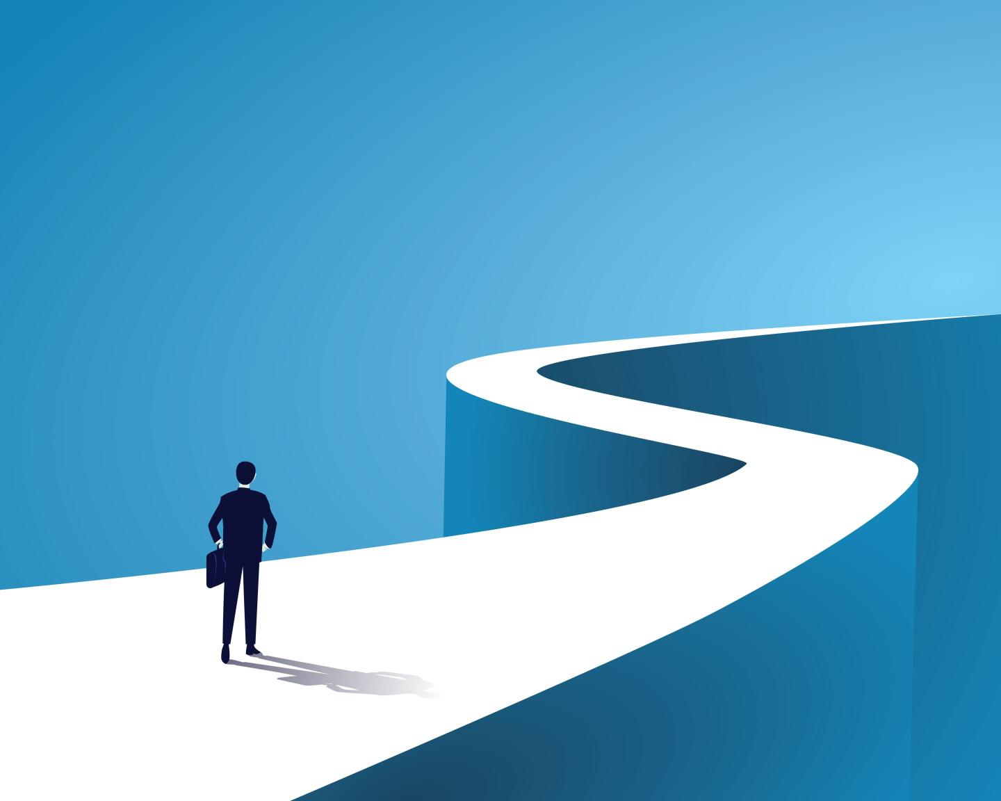 Illustration of business man staring down long path