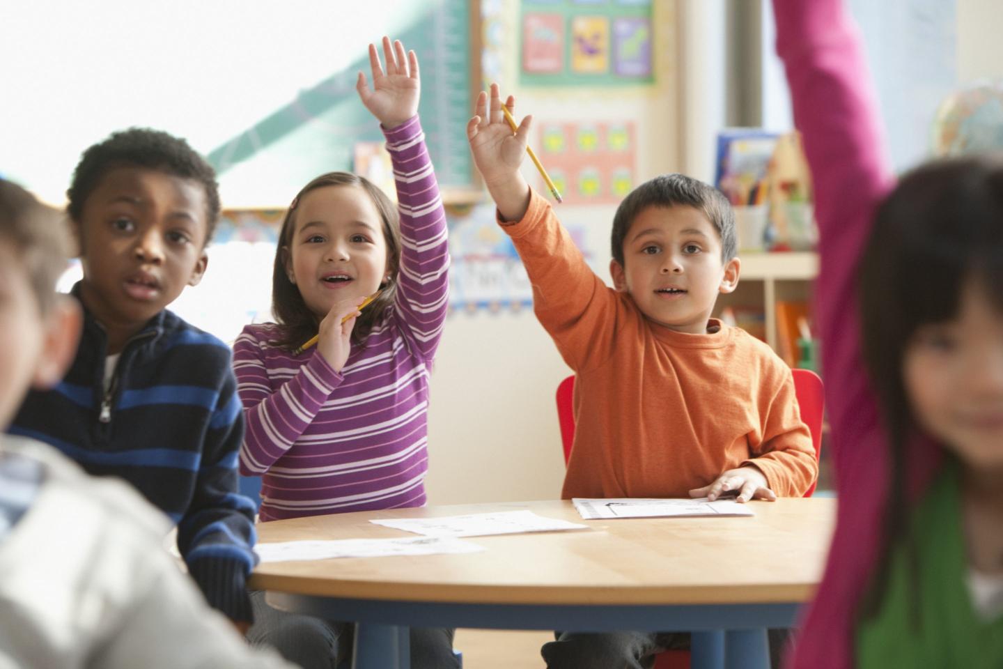 Students raising hands in classroom