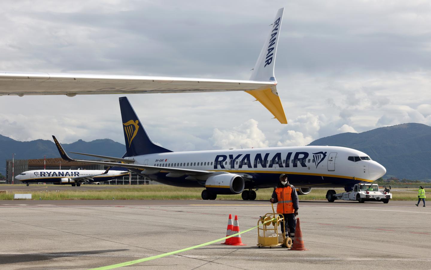 A Ryanair flight sitting on the tarmac at the Caravaggio – Bergamo Orio al Serio International Airport in Bergamo, Italy, in May 2022