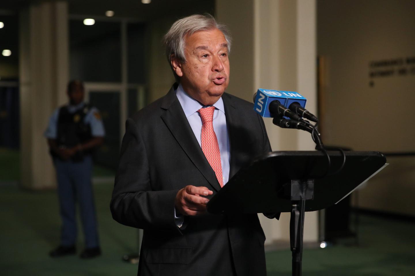 United Nations Secretary General Antonio Guterres speaks to the media