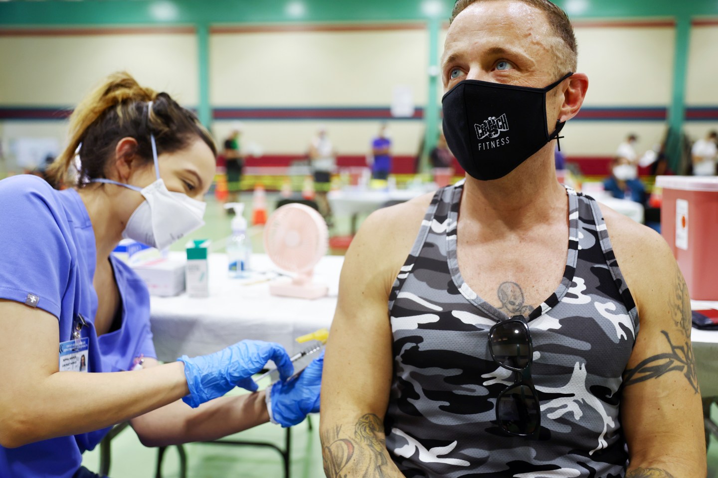 Licensed Vocational Nurse (LVN) Sophia Mineros (L) administers a dose of the Jynneos monkeypox vaccine to a person at an L.A. County vaccination site in East Los Angeles on August 10, 2022 in Los Angeles, Calif. Los Angeles County reported 683 monkeypox cases as of August 9th, double the amount of cases from ten days earlier. California Governor Gavin Newsom declared a state of emergency on August 1st over the monkeypox outbreak which continues to grow globally.