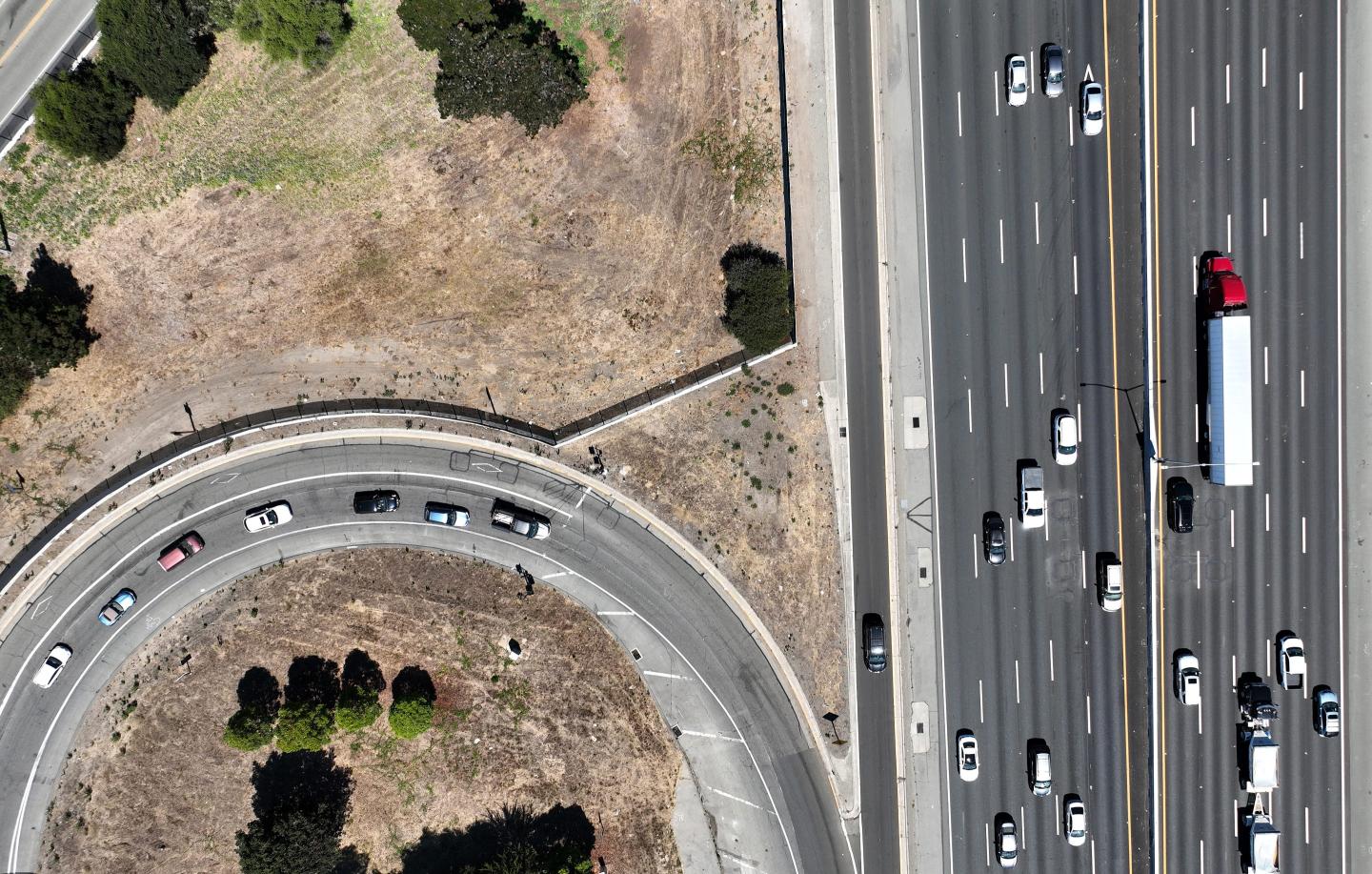 In an aerial view, traffic moves along Interstate 80 on August 24, 2022 in Berkeley, California.
