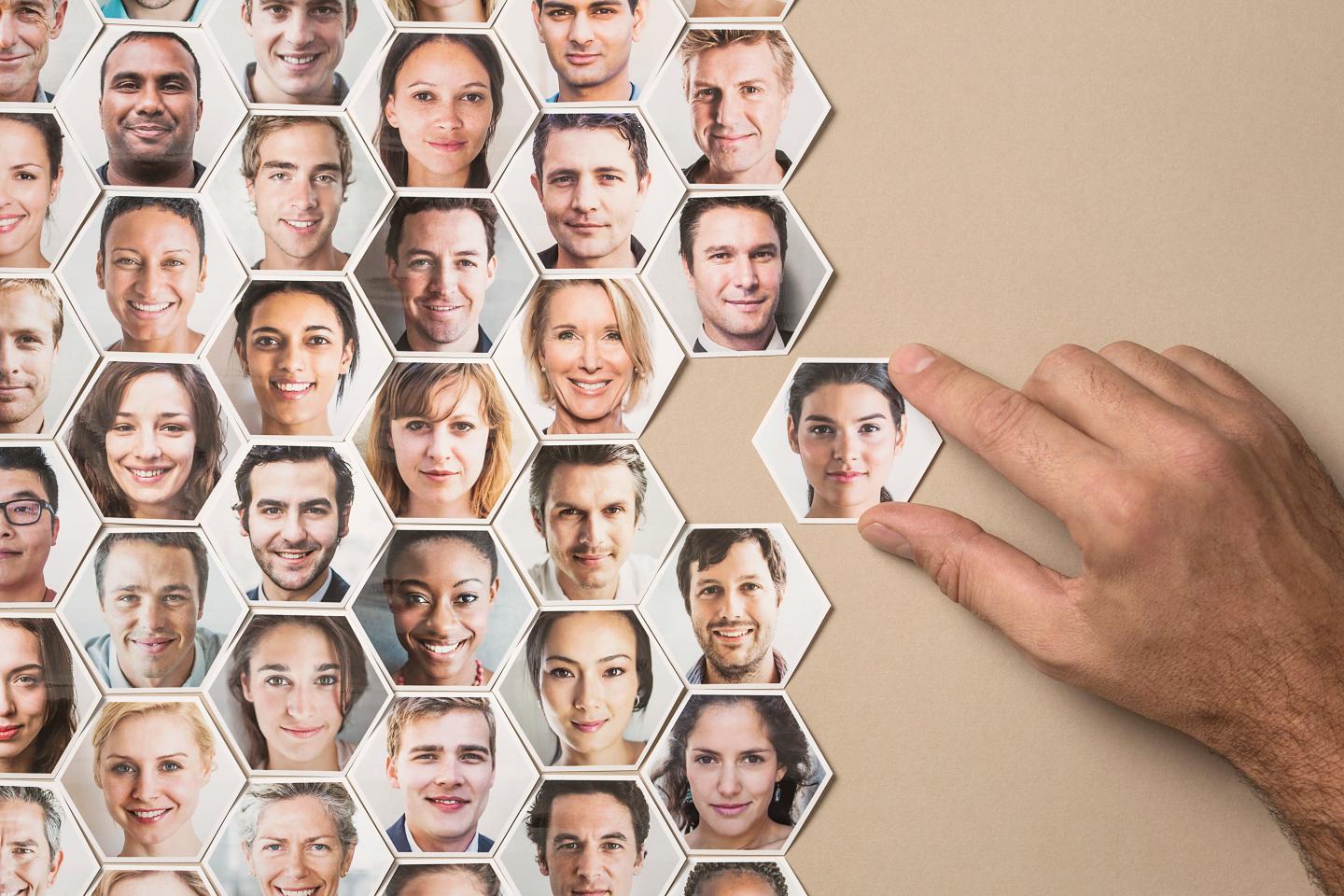 Grid of hexagonal portraits, hand adding new one
