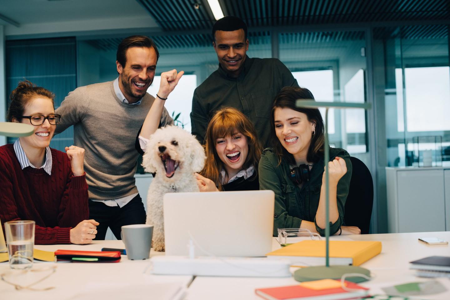 Coworkers clap and cheer in office with dog.