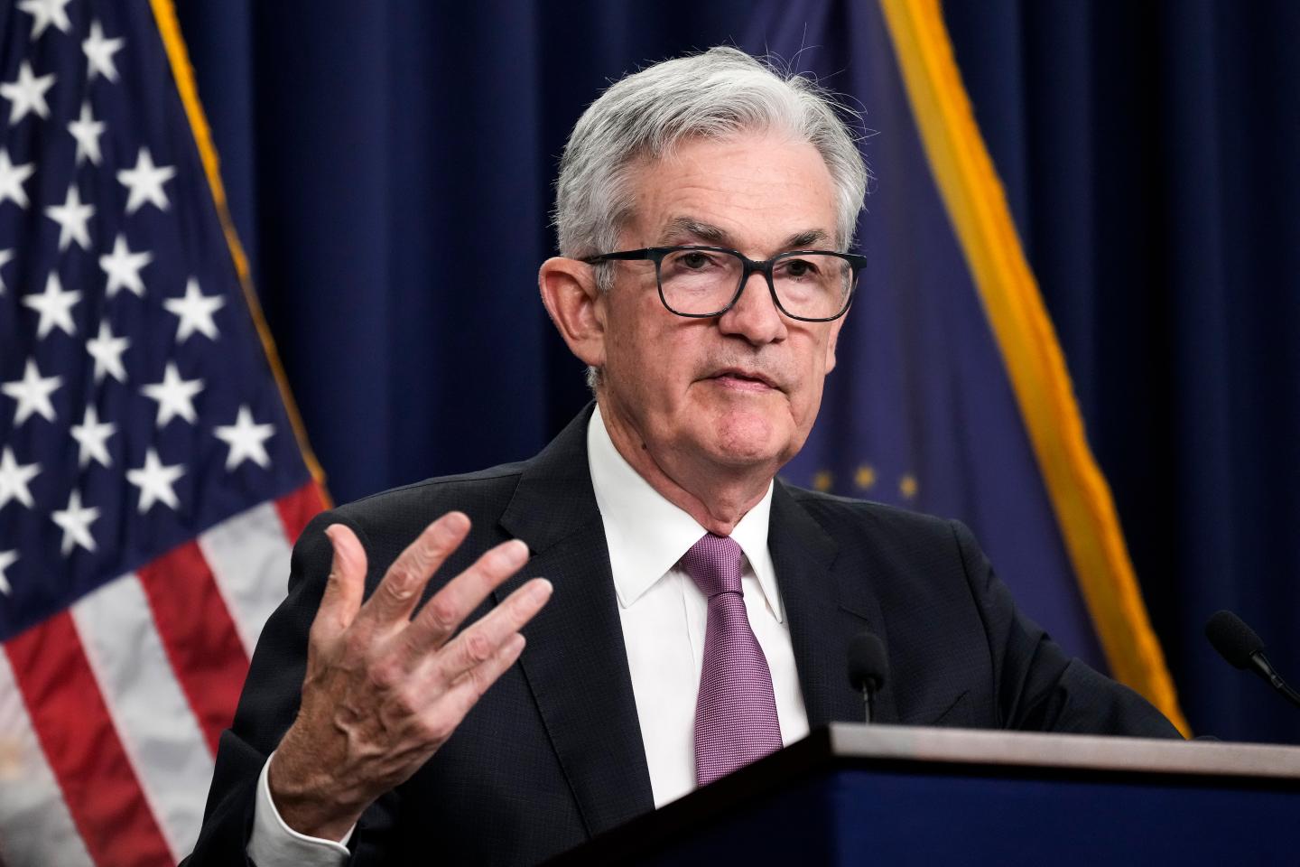 Federal Reserve Chair Jerome Powell speaks at a news conference.