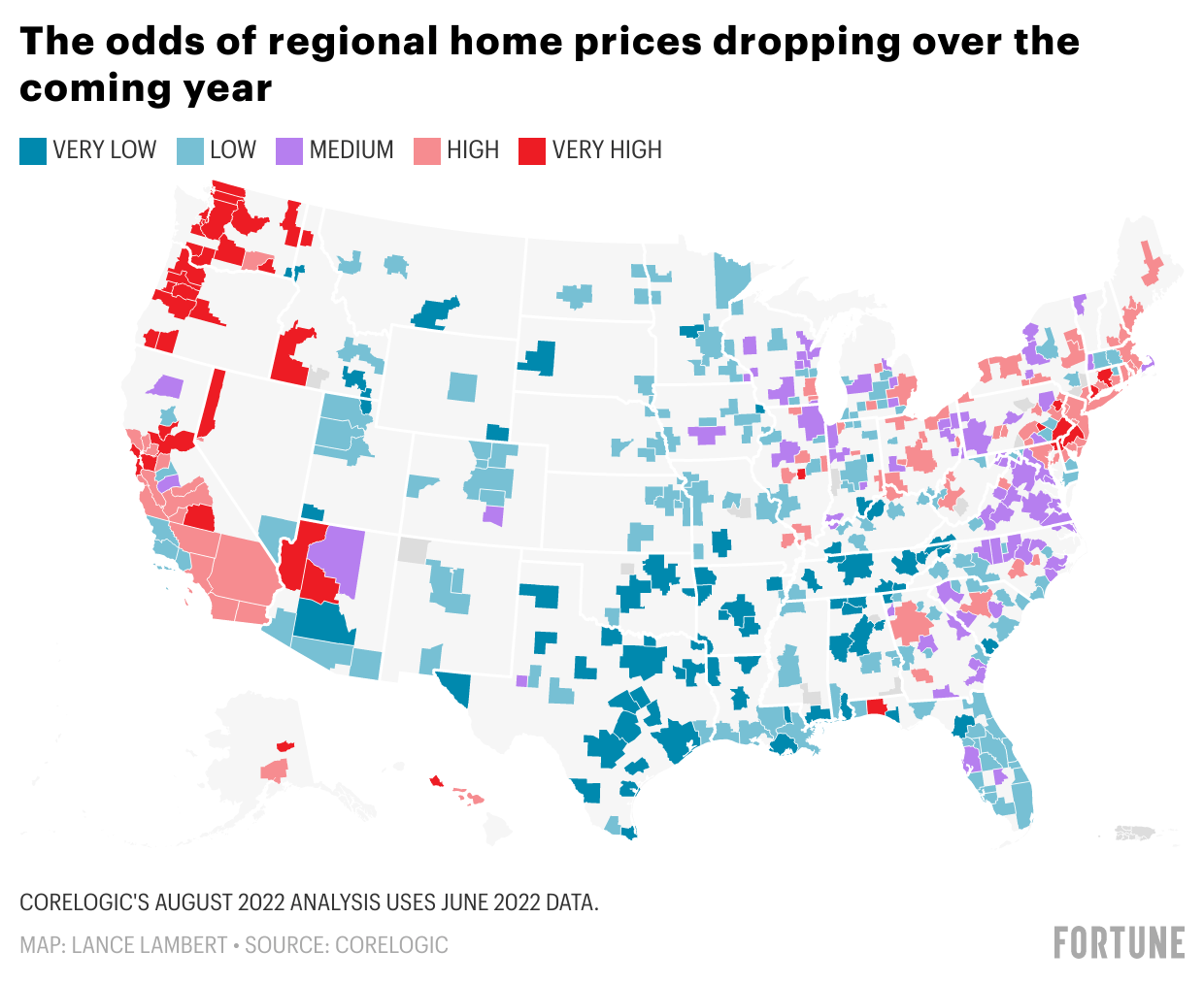 Chart showing the odds of U.S regional home prices dropping over the coming year