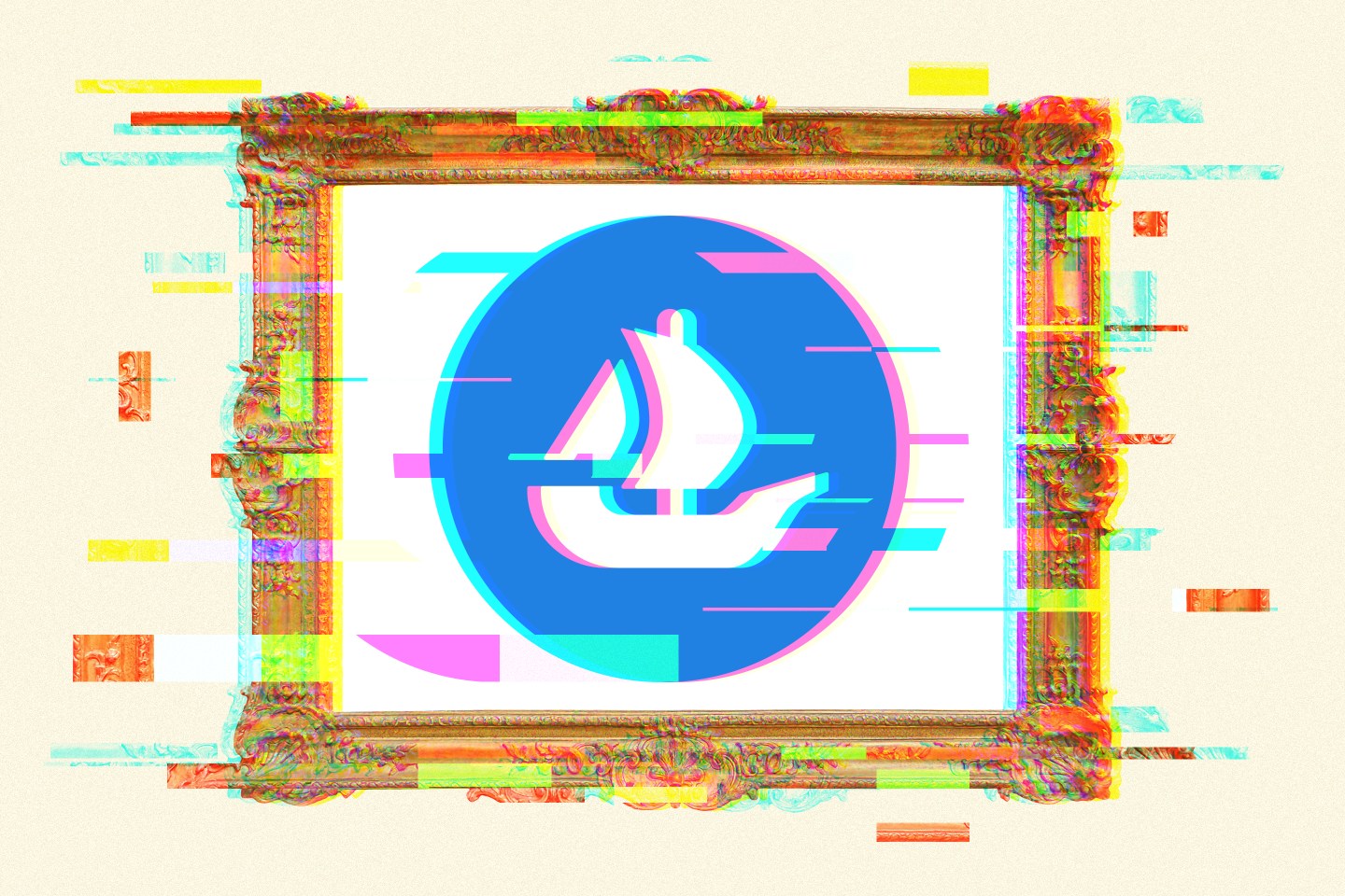 Photo illustration of OpenSea logo in a gold frame with a glitch effect.