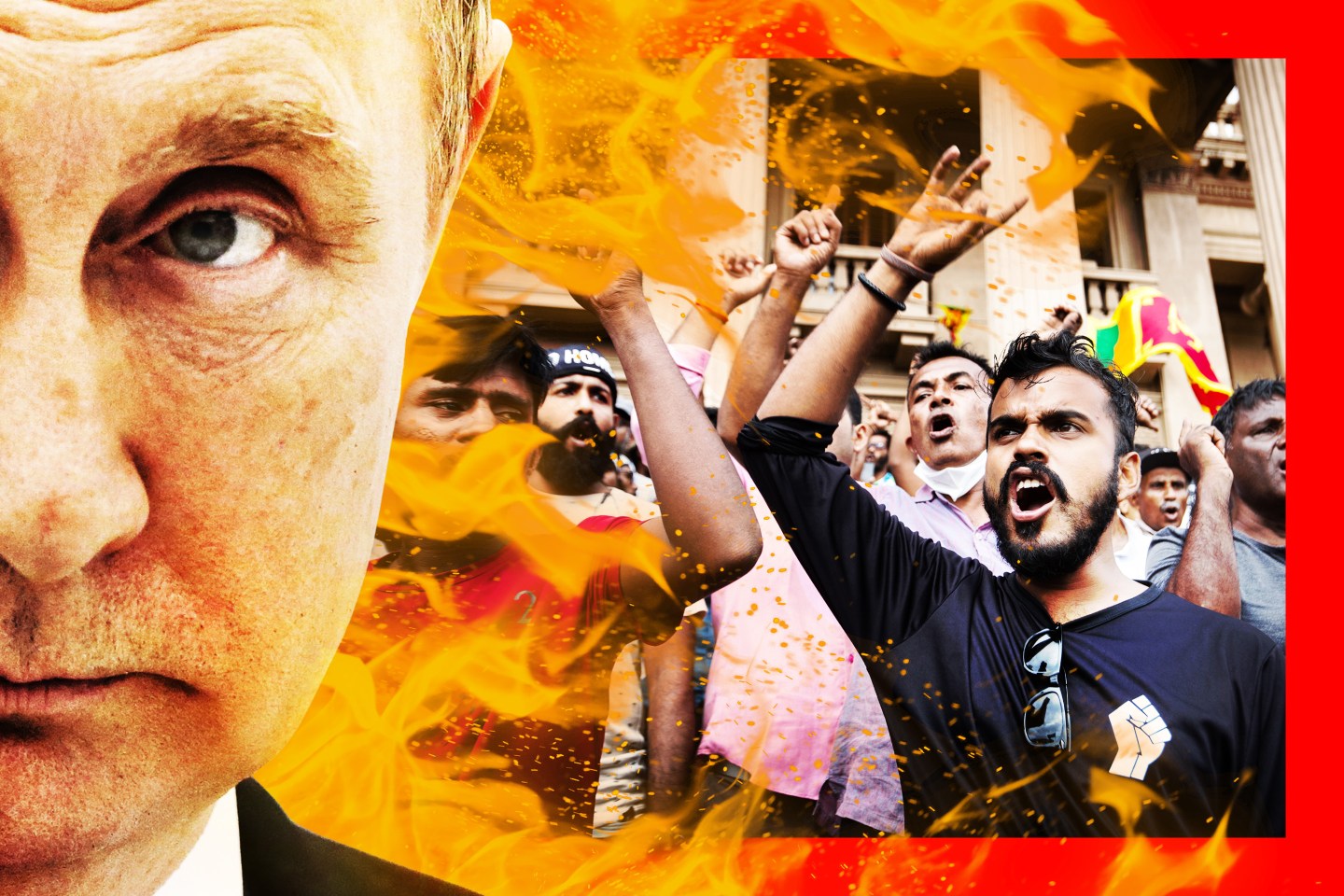 Collage of Putin and Sri Lankan protesters