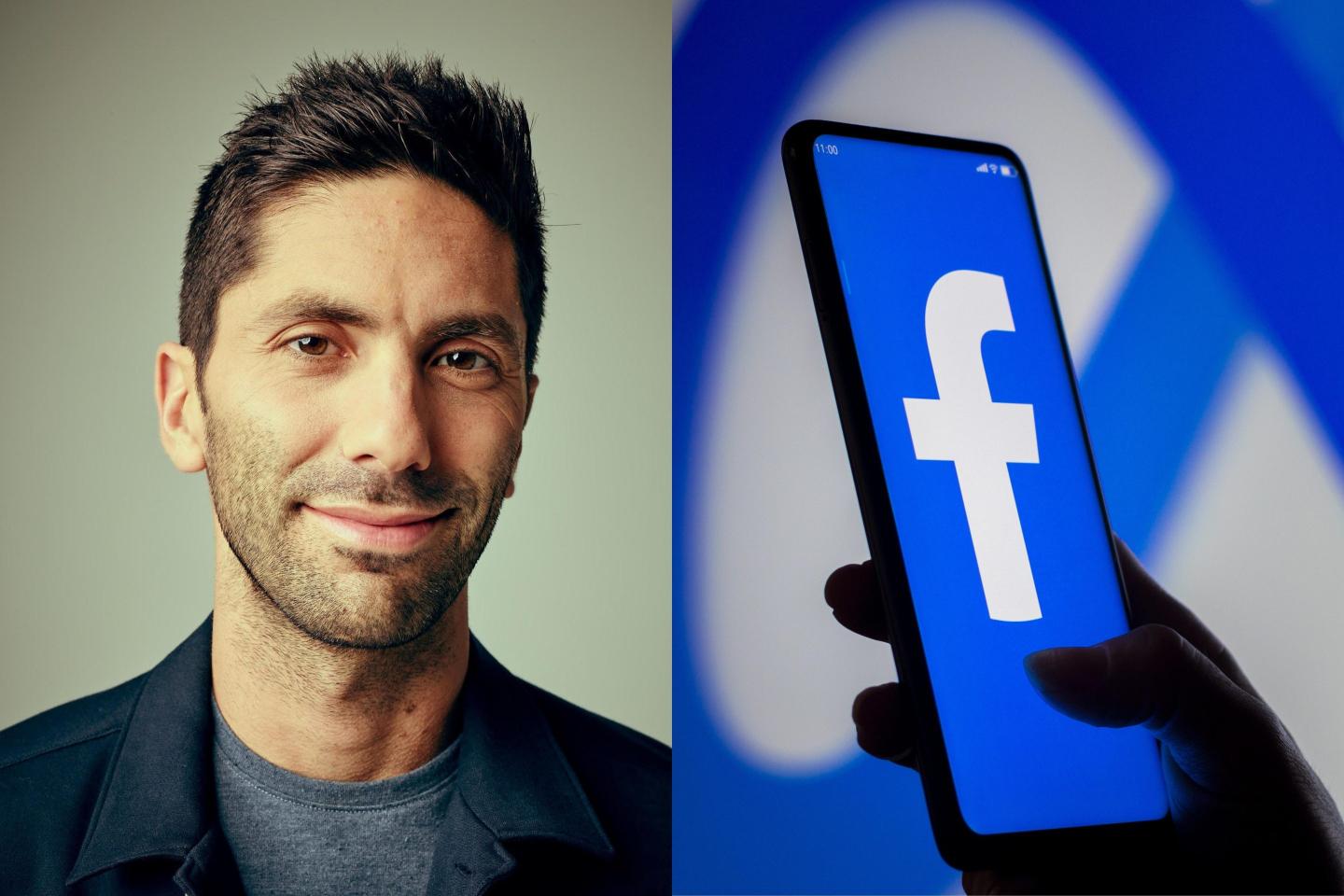 Headshot of Nev Schulman. Phone display of Facebook logo