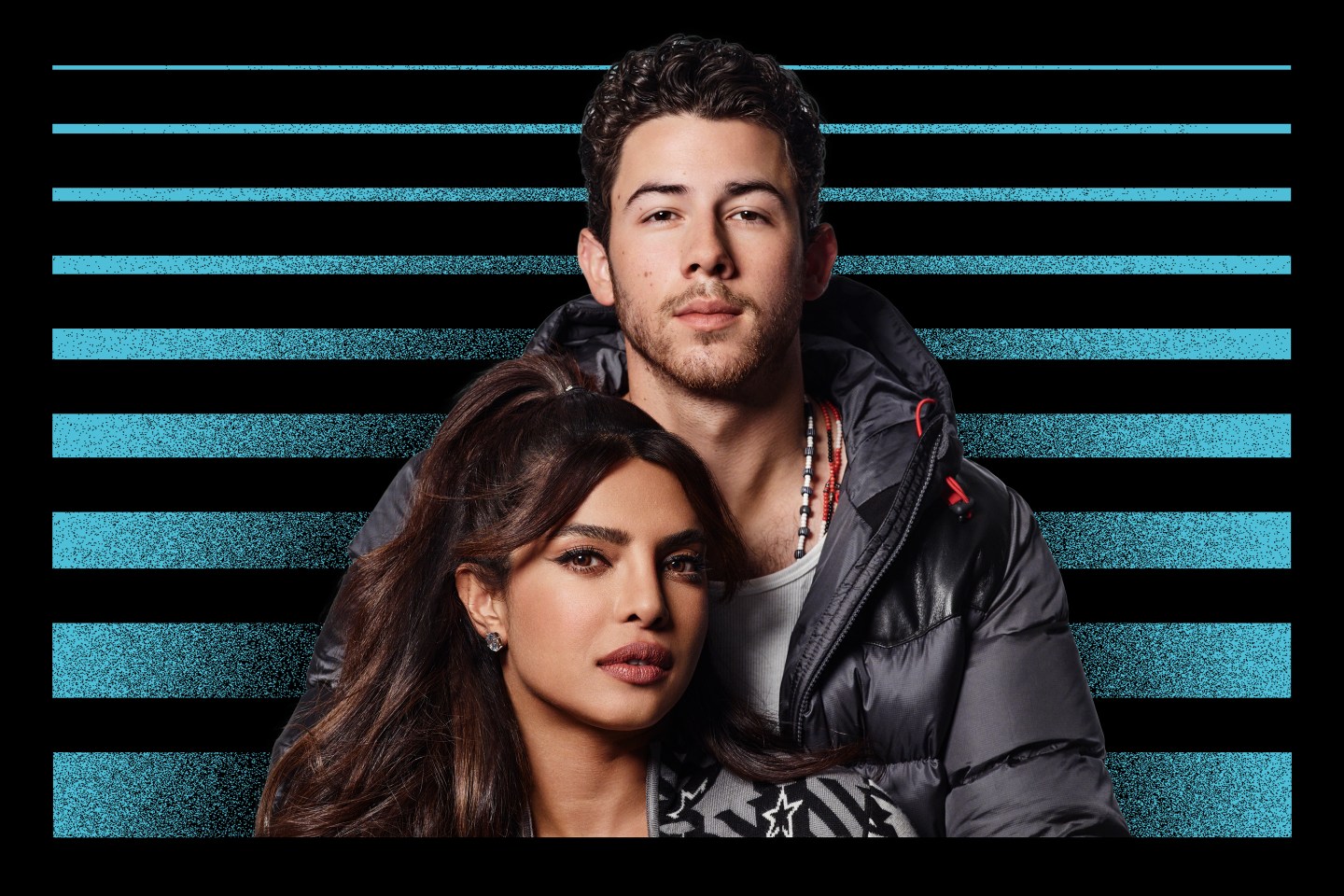 Nick Jonas and Priyanka Chopra Jonas in Perfect Moment attire.