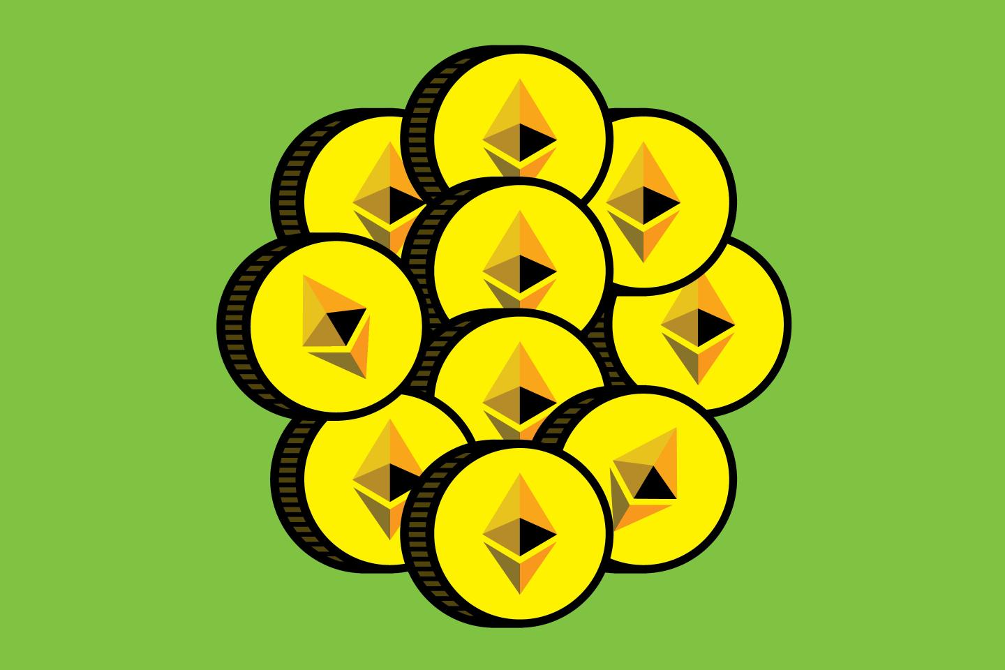 Ether coins on a green background