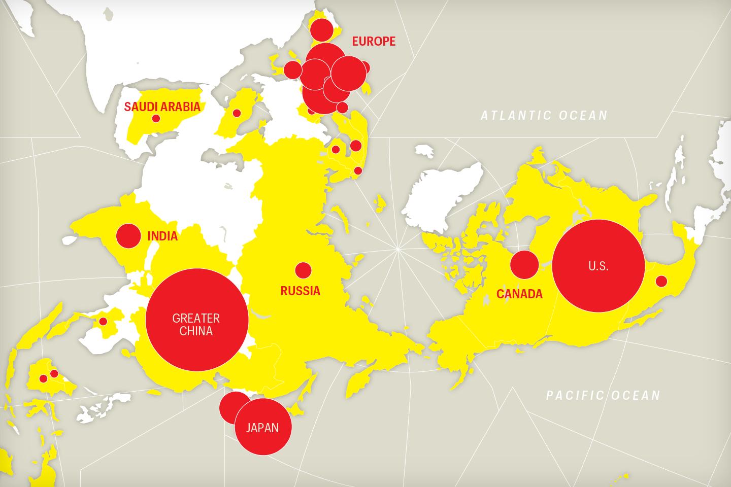 More than 60% of the world’s biggest companies are concentrated in just 3 countries. Here’s a map of the Fortune Global 500
