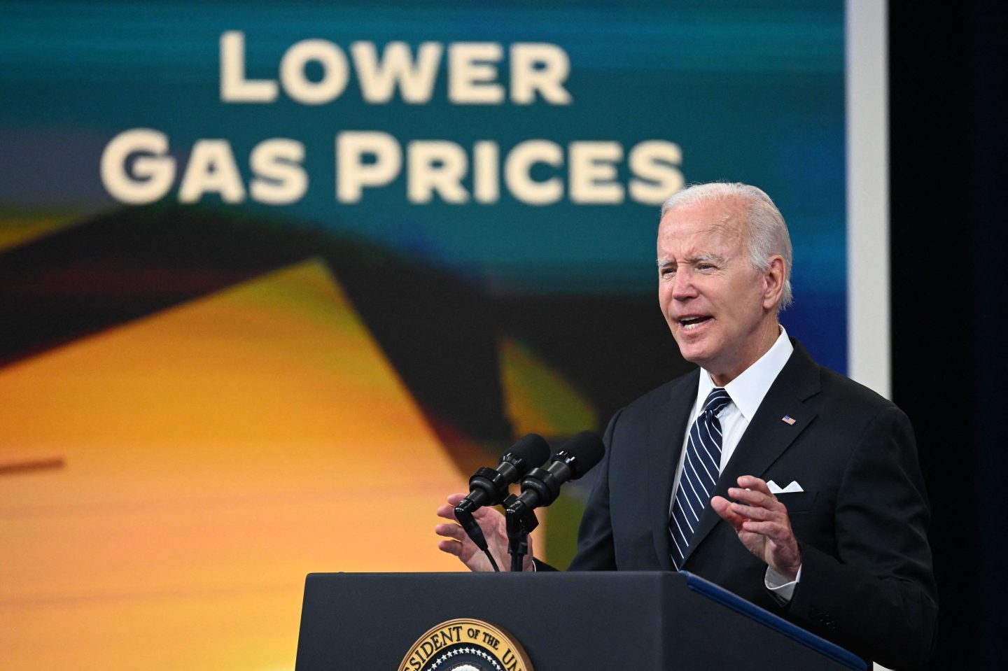 US President Joe Biden delivers remarks on efforts to lower high gas prices in the South Court Auditorium at Eisenhower Executive Office Building June 22, 2022 in Washington, DC.