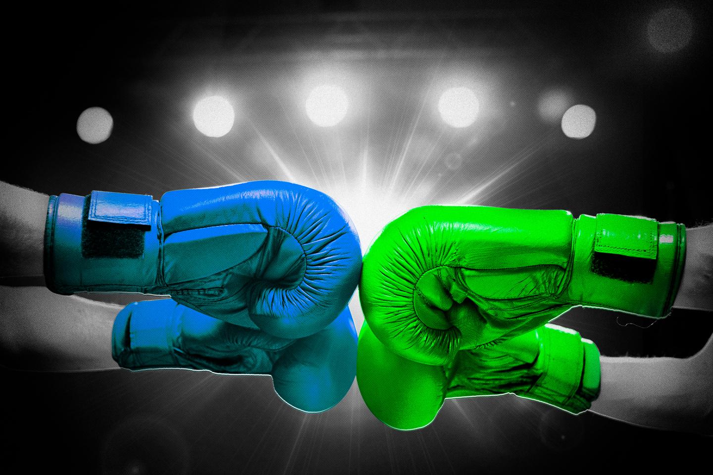 Blue boxing gloves face off against green boxing gloves