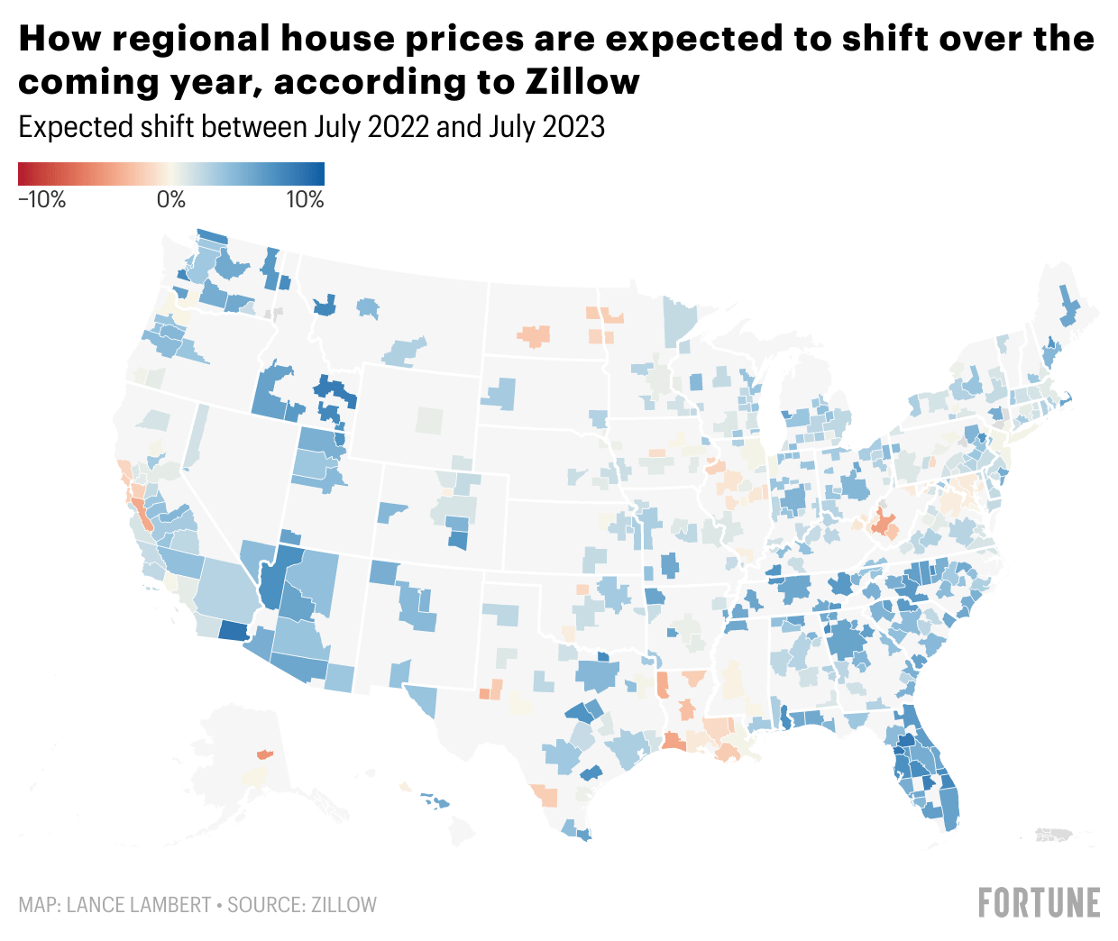 Chart showing how house prices in the U.S.are expected to shift over the coming year, by region