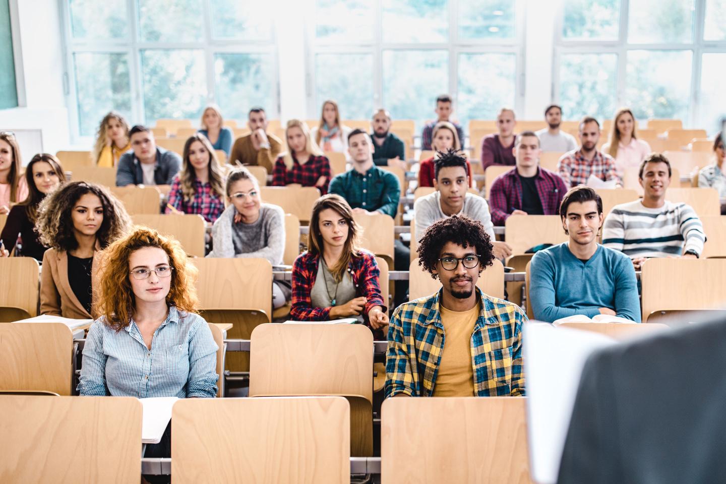 Large group of college students in a classroom