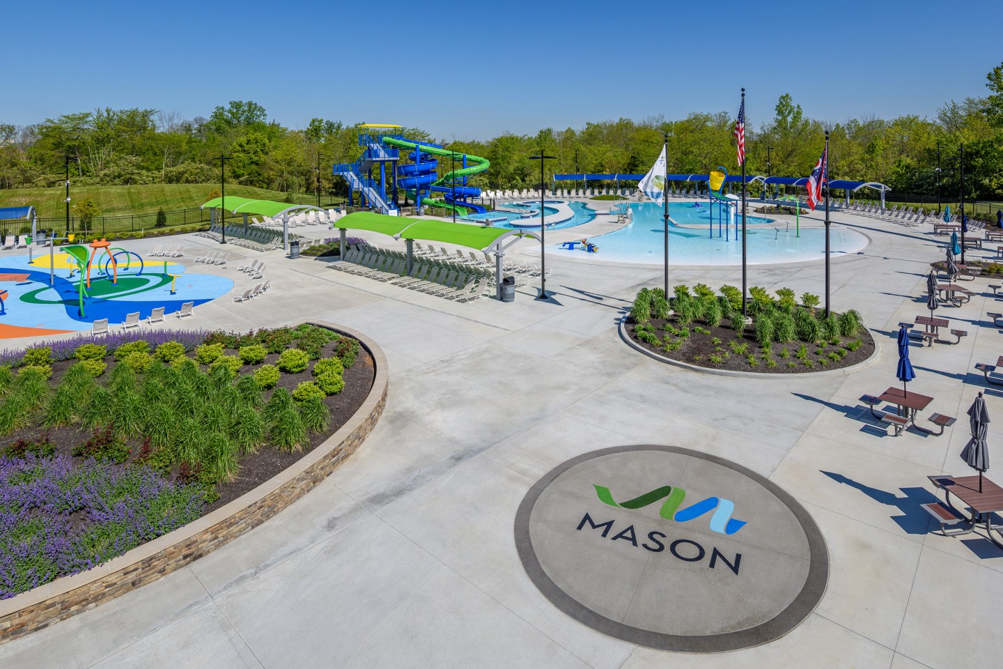 Opened in 2020, the Mason Municipal Aquatic Center is the newest initiative in the city's Wave in Wellness. The new 203,000-gallon heated leisure pool has many amenities, including a double flume slide, a lazy river, a tipping bucket, and an inclusive interactive splash pad, that can be enjoyed by individuals of all ages.