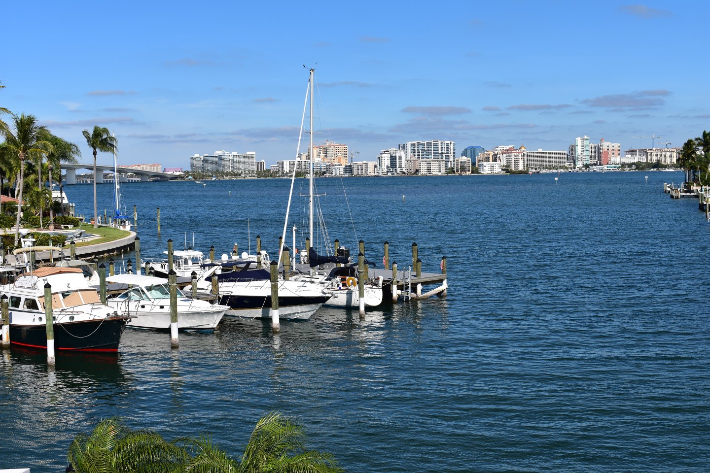 The view of Sarasota Bay and downtown Sarasota from the Bird Key Yacht Club.