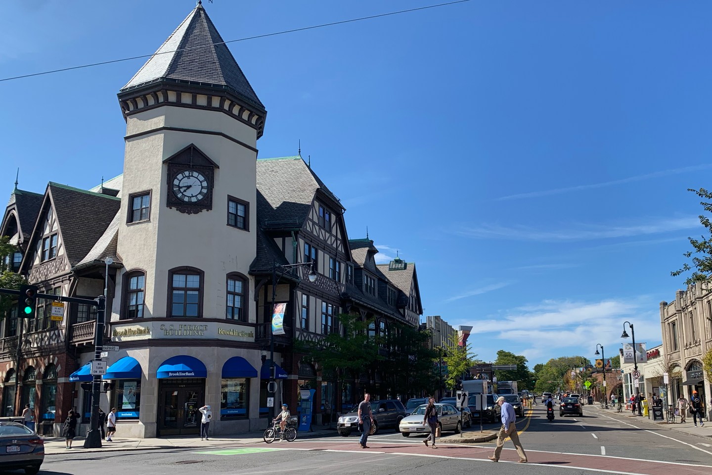 The iconic S.S. Pierce Building, at the corner where Beacon meets Harvard Street, is the cornerstone of the Coolidge Corner neighborhood in Brookline, Mass.