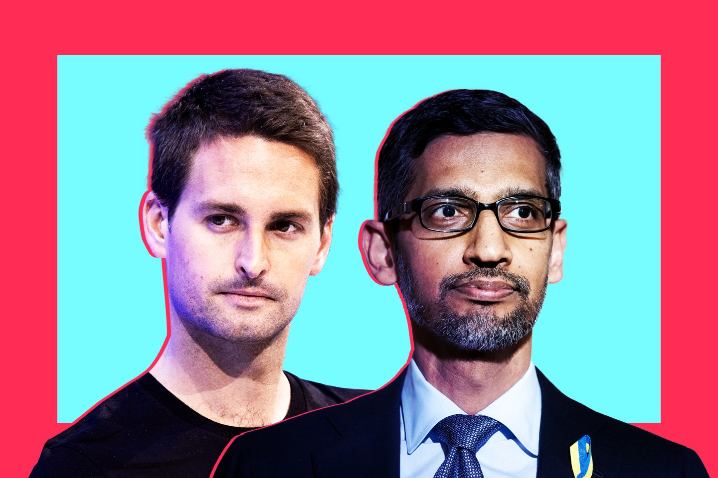Photo illustration of Evan Spiegel and Sundar PIchai on blue and pink background.