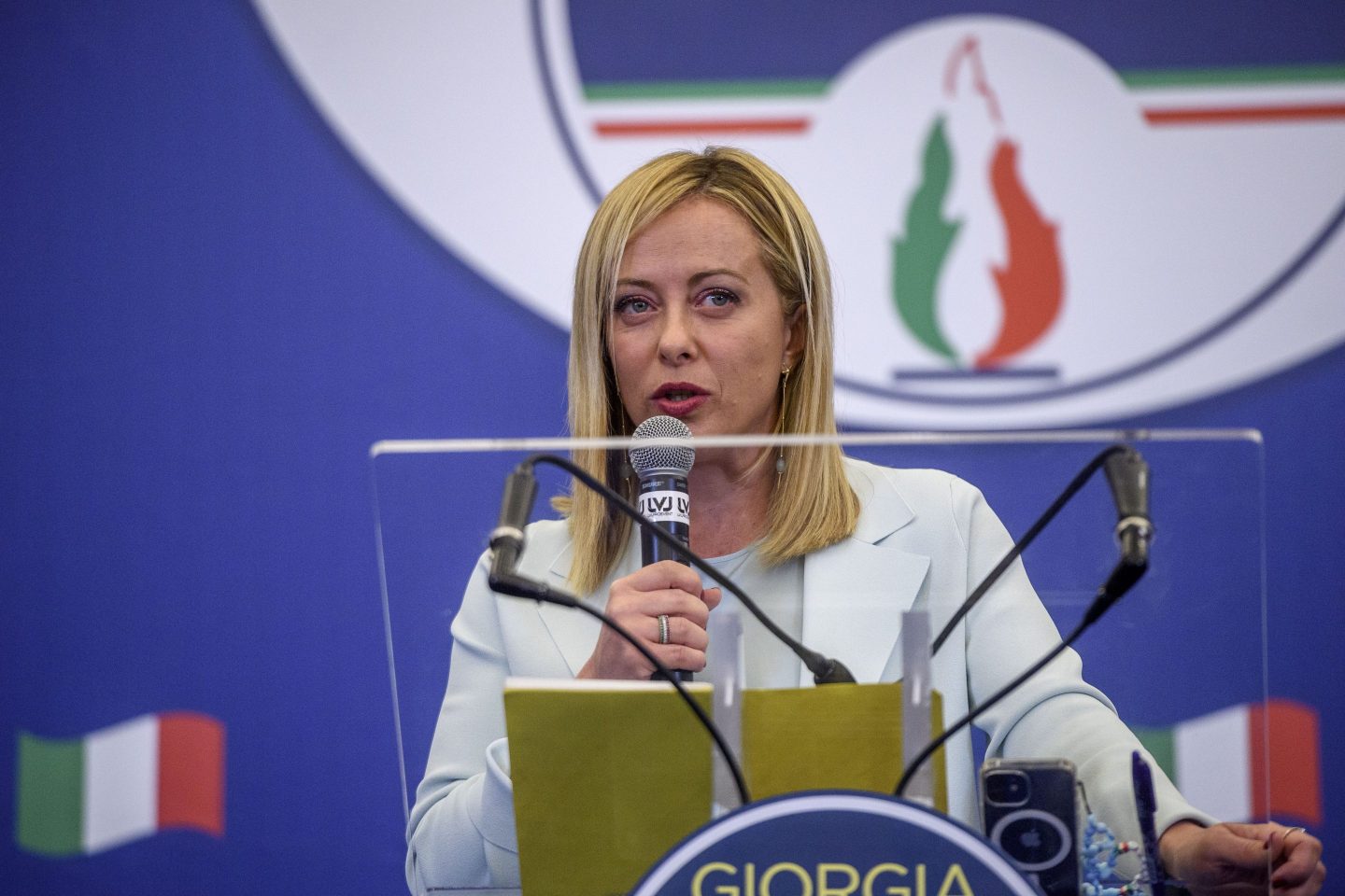 Giorgia Meloni, leader of the Fratelli d'Italia (Brothers of Italy) speaks at a press conference at the party electoral headquarters
