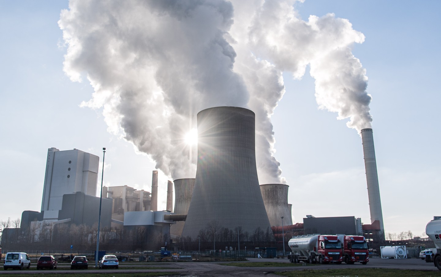 Upward shot of steam released from a cooling tower at a German coal-fired plant