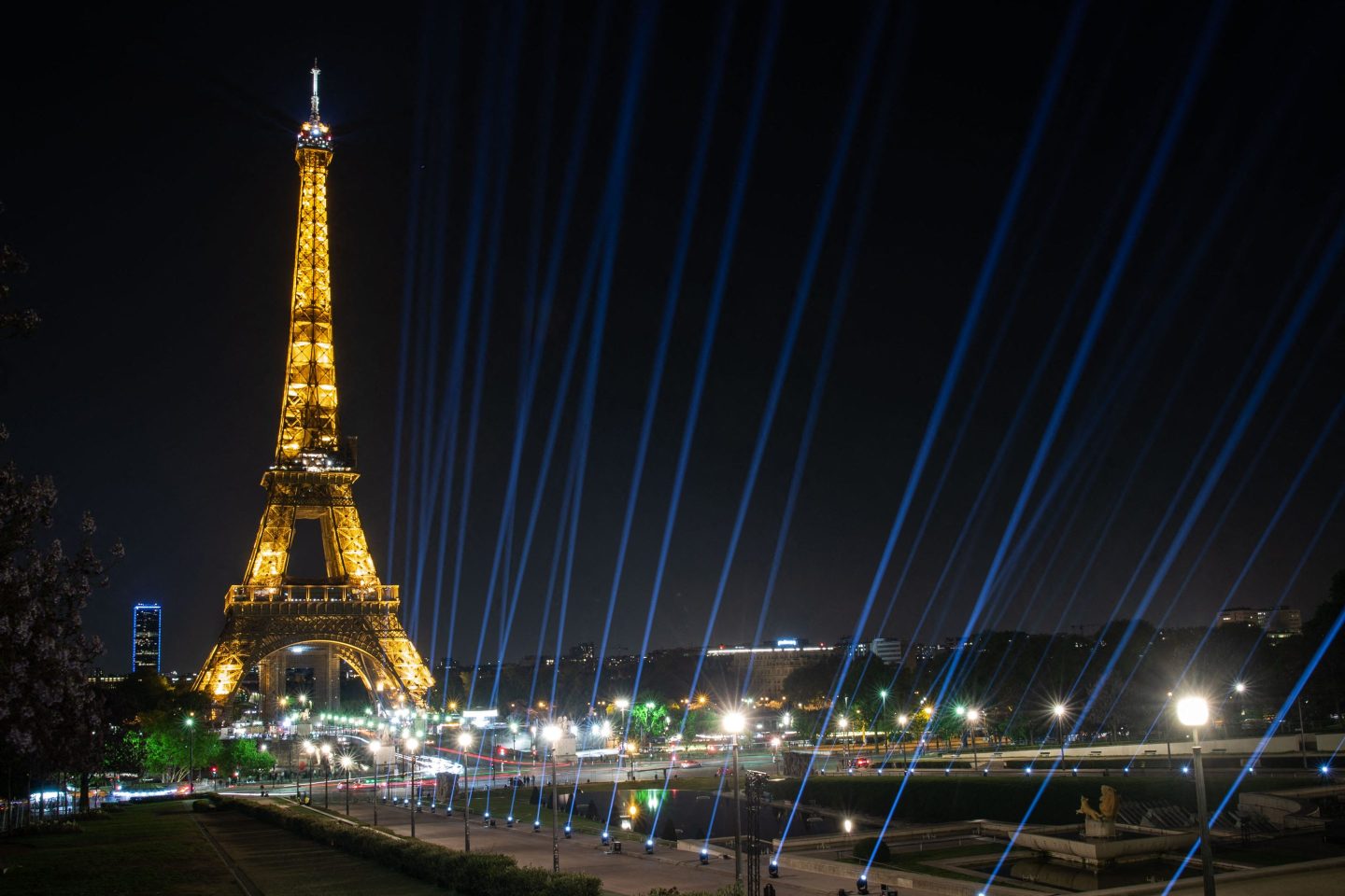 The Eiffel Tower illuminated at night on April 26.