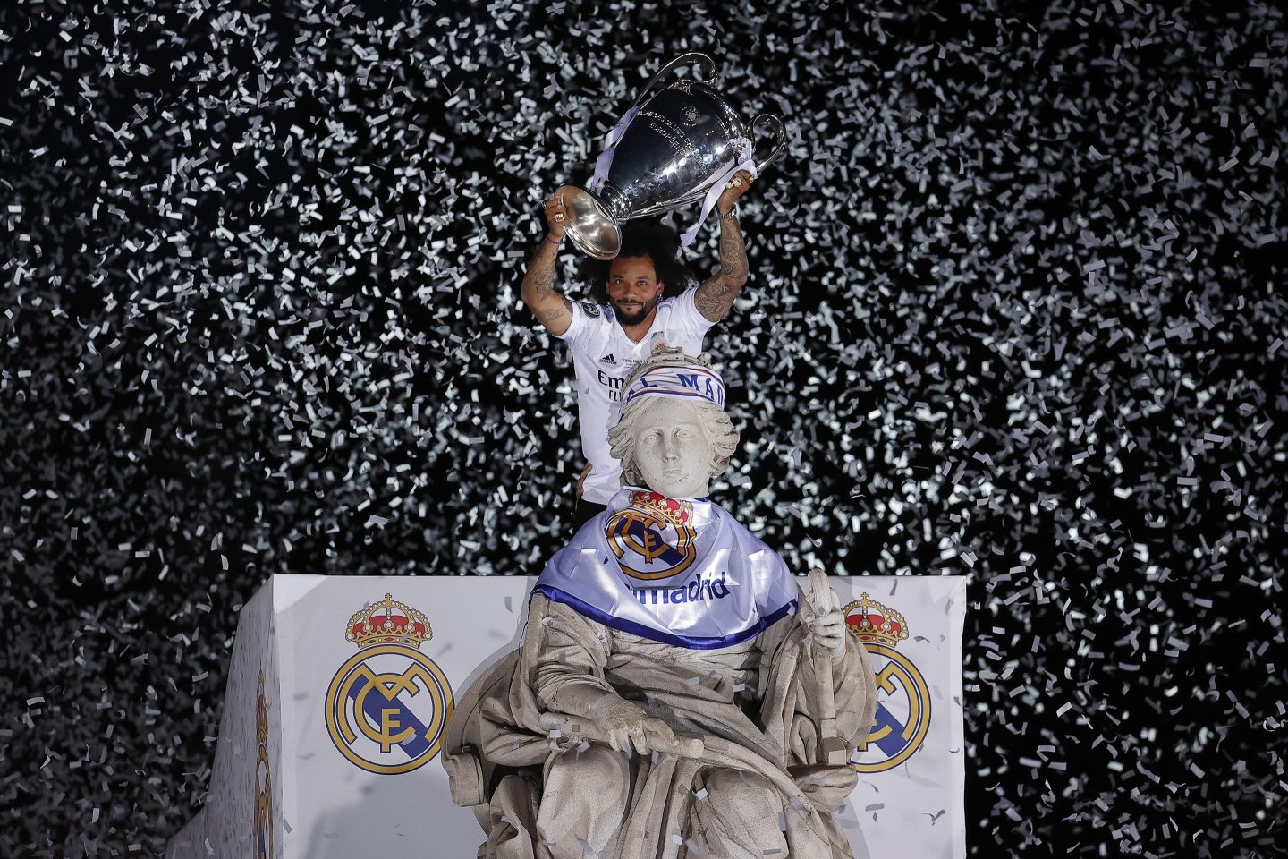 Marcelo Vieira of Real Madrid celebrates during the bus parade after winning the UEFA Champions League final against Liverpool, in Madrid, on May 29, 2022.