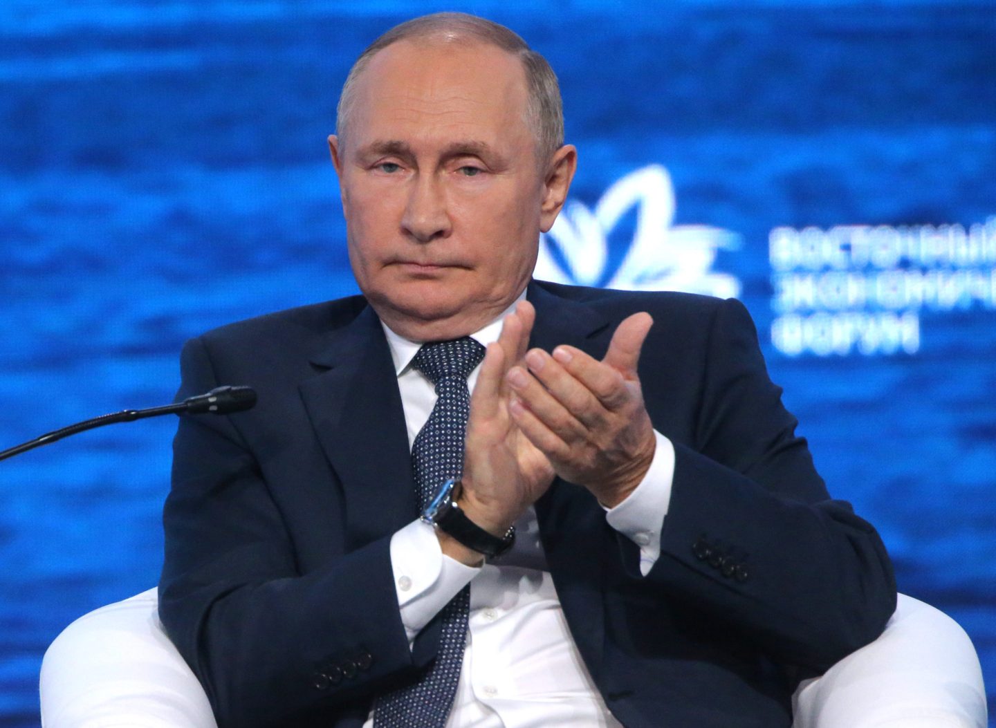Russian president Vladimir Putin claps onstage at the Far Eastern Economic Forum on September 7, 2022, in Vladivostok, Russia.