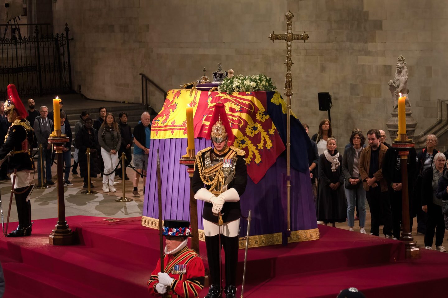 Queen Elizabeth II's coffin lies in Westminster Hall on September 16, 2022. Many businesses and organizations are closing or cancelling services on Monday, September 19, the day of the late monarch's funeral. 