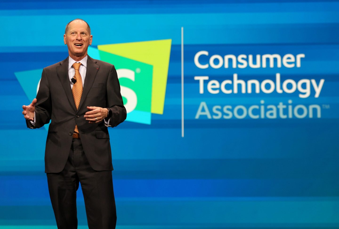 President and CEO of the Consumer Technology Association Gary Shapiro delivers a keynote address at CES in January 2022.