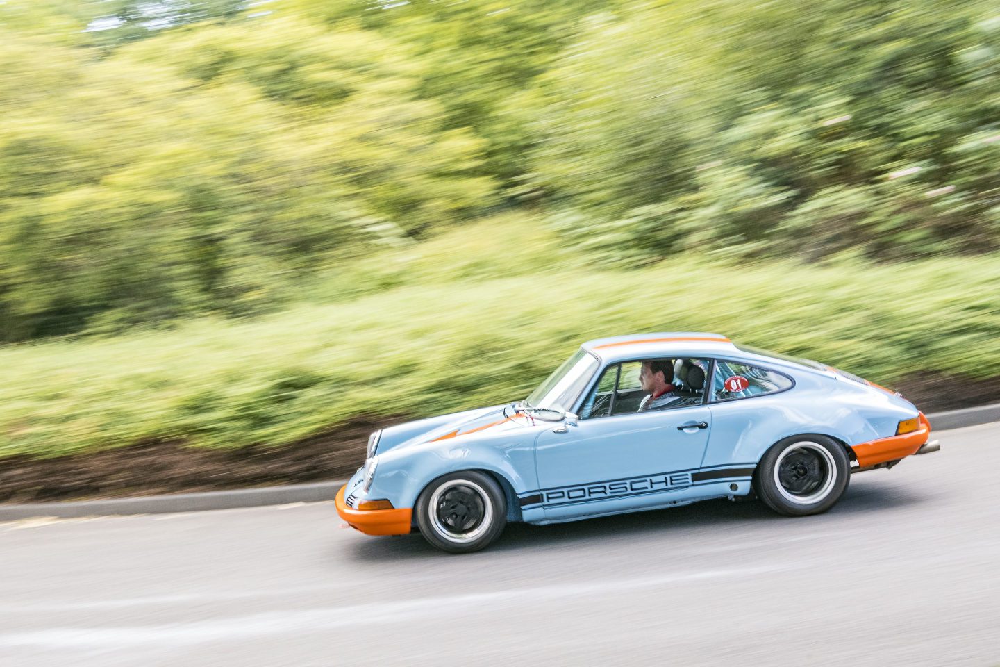 Porsche 911 ST 1970s Le Mans race car performing a demonstration drive during the classic days event on Aug. 6, 2022 in Düsseldorf, Germany.