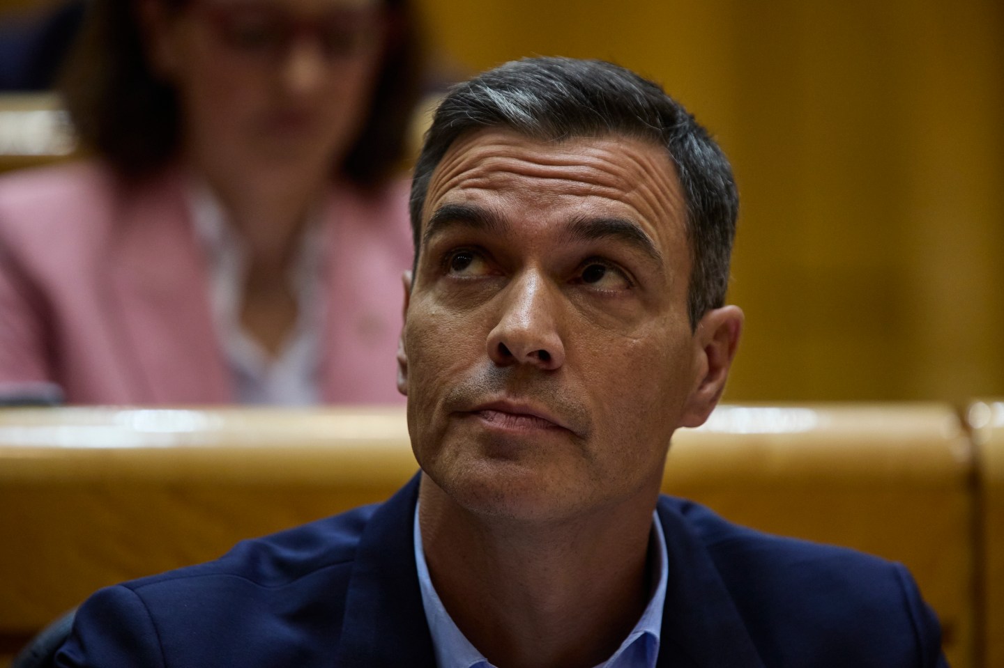Shot of Spanish Prime Minister Pedro Sanchez during a Senate meeting in Madrid