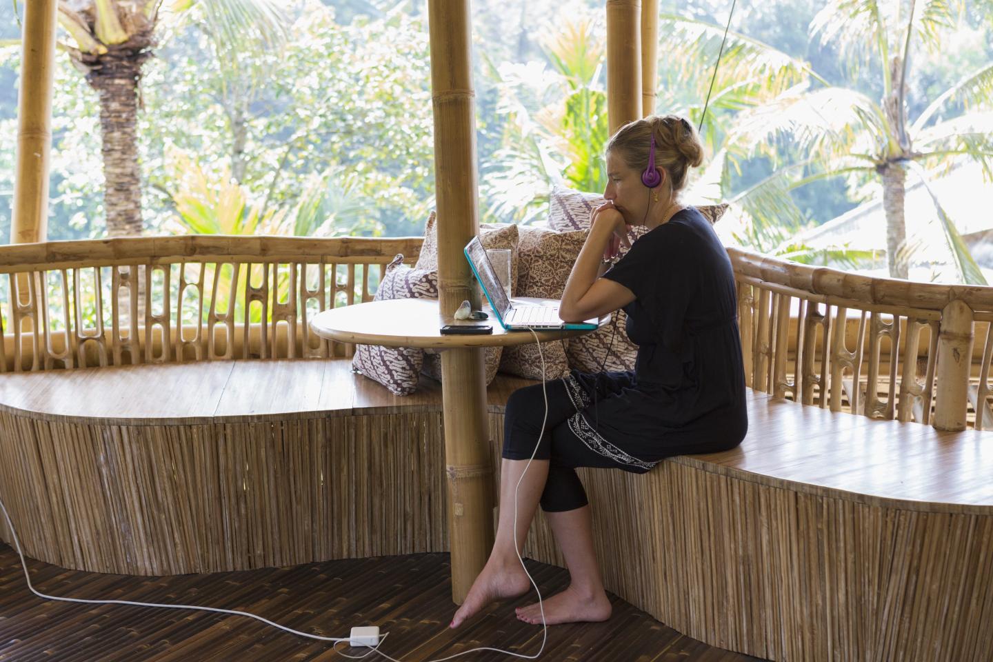 Woman working on porch