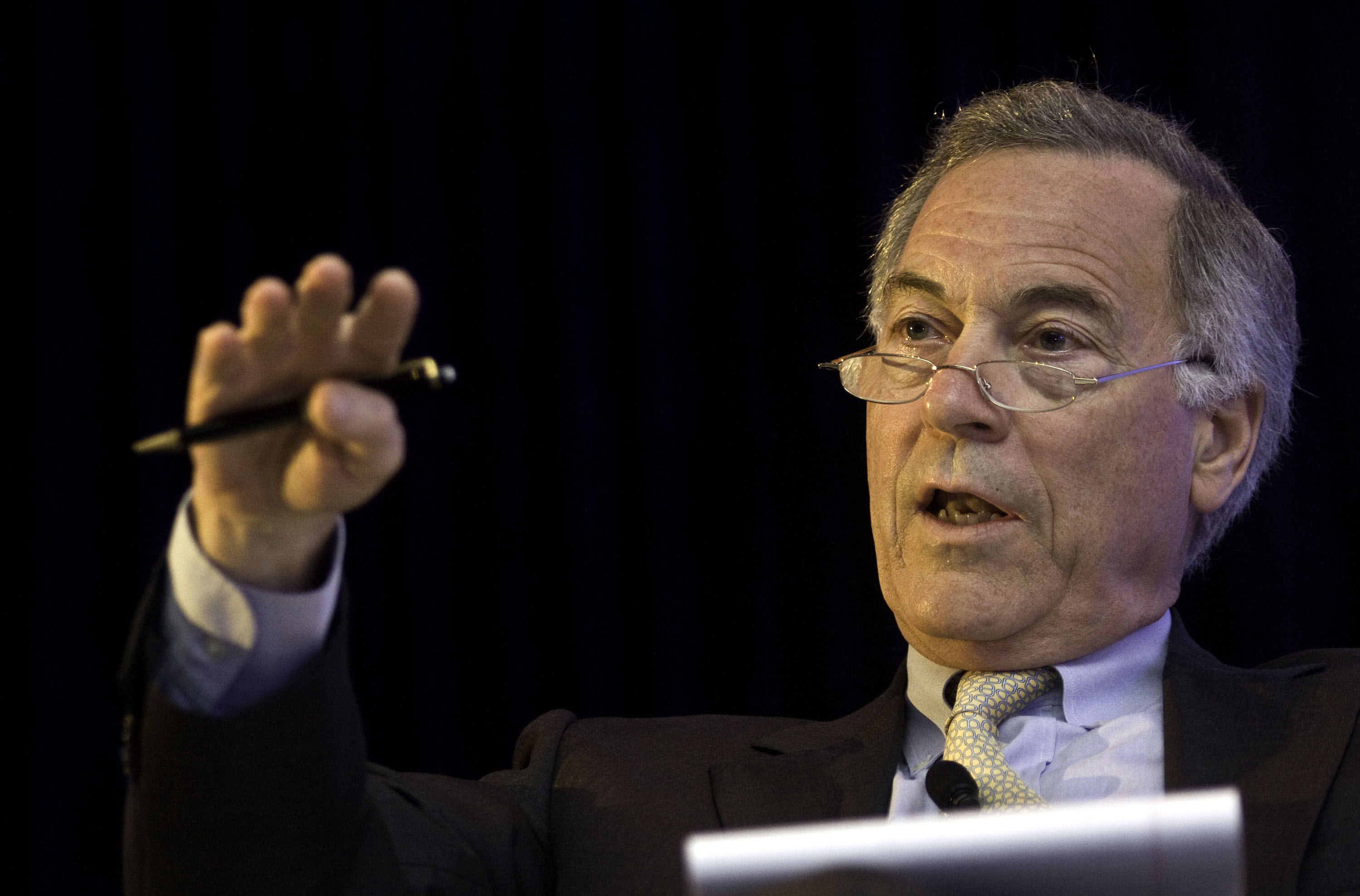 Steve Hanke speaks at a conference in Hong Kong