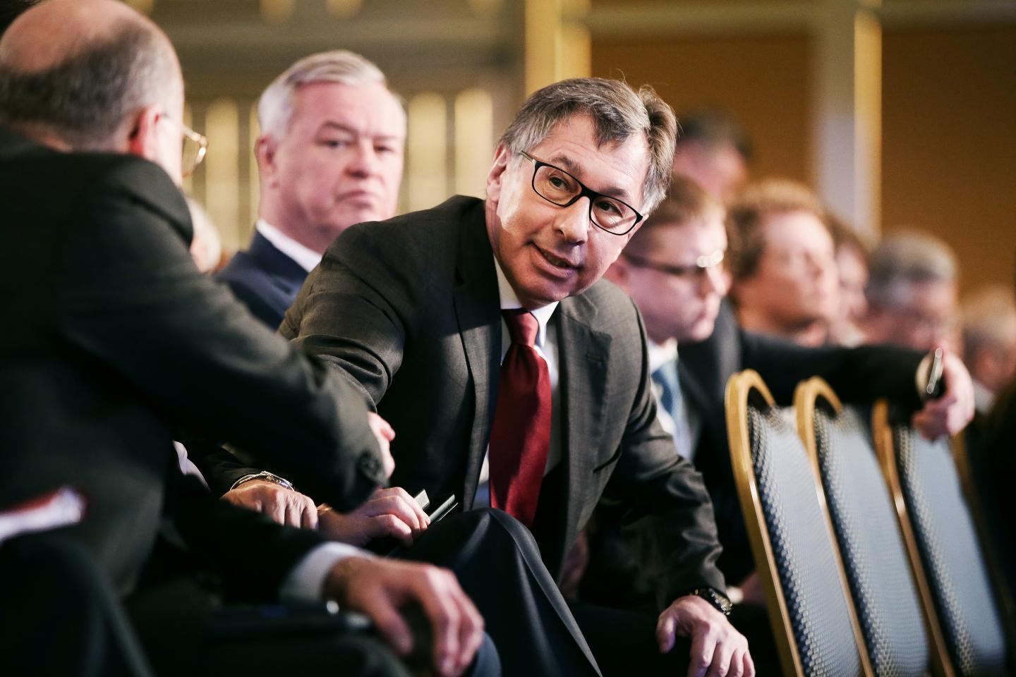 Petr Aven, billionaire and chairman of ABH Holdings SA, speaks to fellow attendees at the Russian Union of Industrialists and Entrepreneurs (RSPP) during Russia Business week in Moscow.