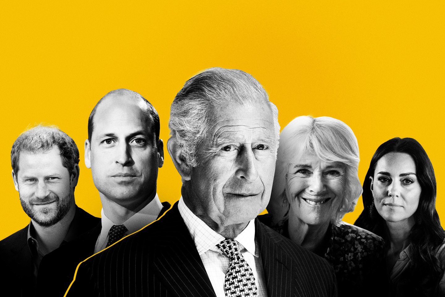 Prince Harry, Prince William, King Charles, Queen Consort Camilla, and Kate Middleton.