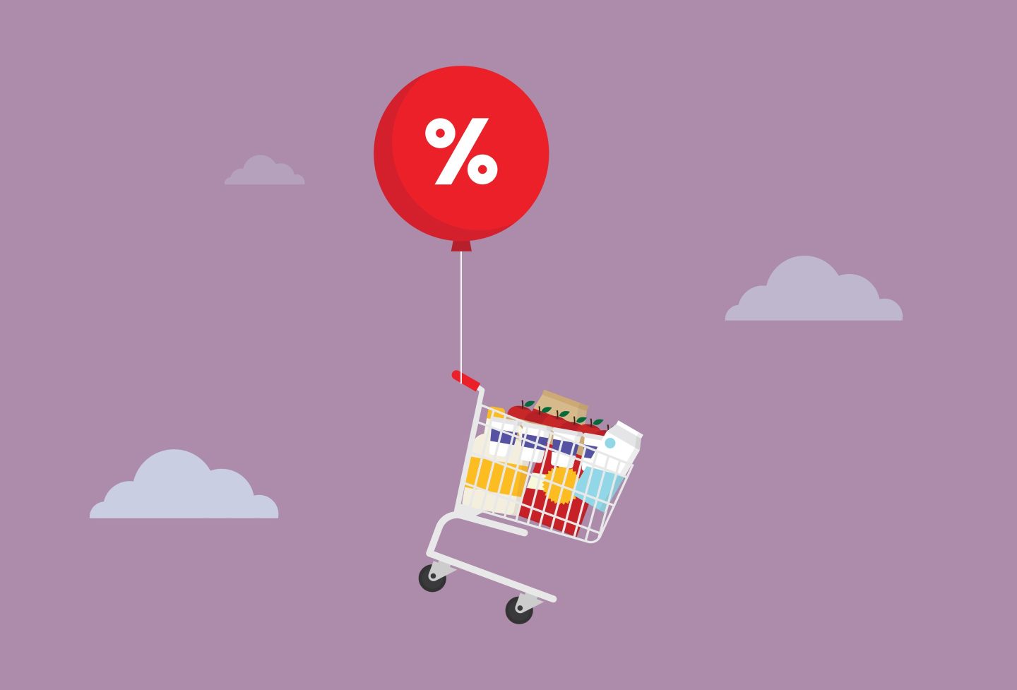 A balloon carrying a shopping cart away, symbolizing inflation.