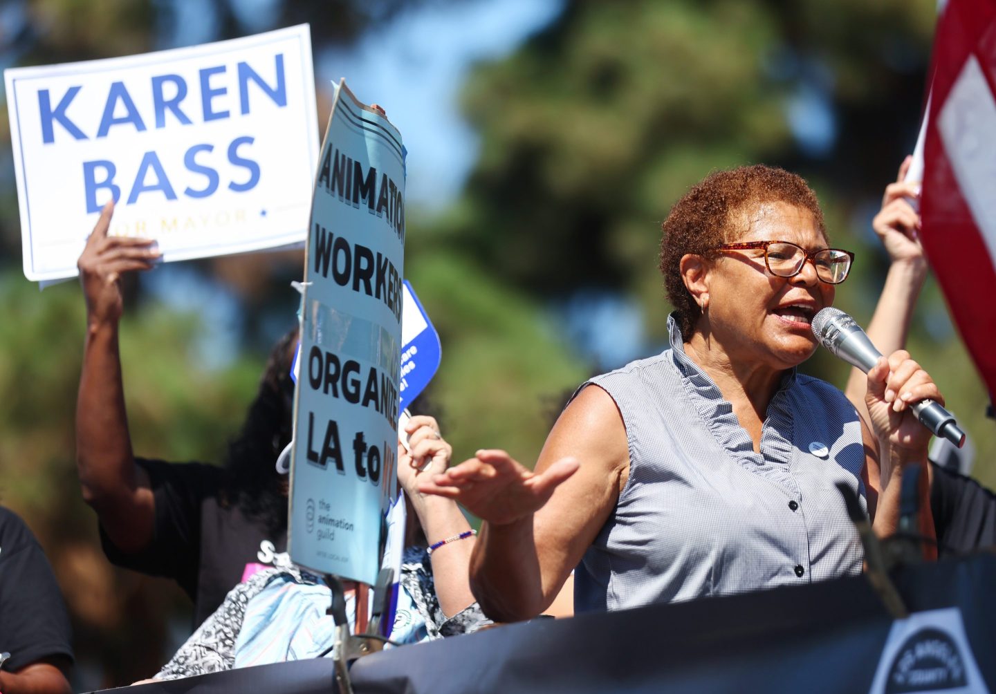 Karen Bass speaks at a Labor Day parade on Sept. 5 in Wilmington, California.