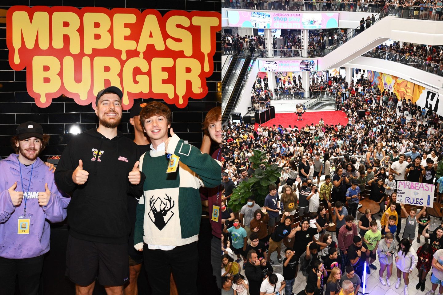 YouTuber MrBeast poses in front of burger sign, thousands queue for physical launch of beast burger store New Jersey