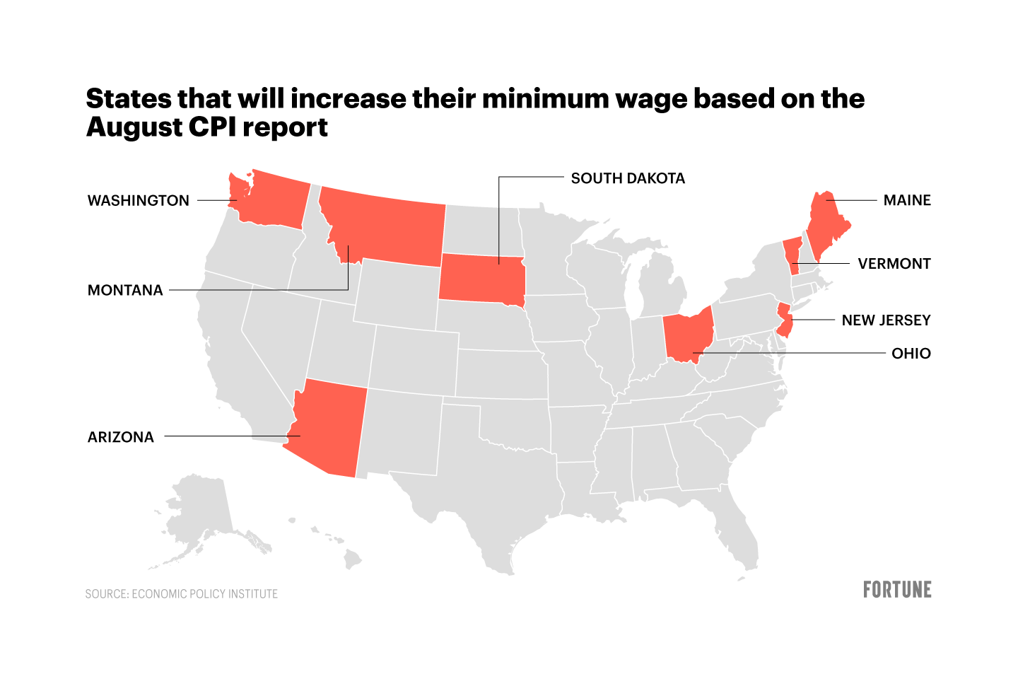 map shows the states that will increase their minimum wage based on the August CPI report