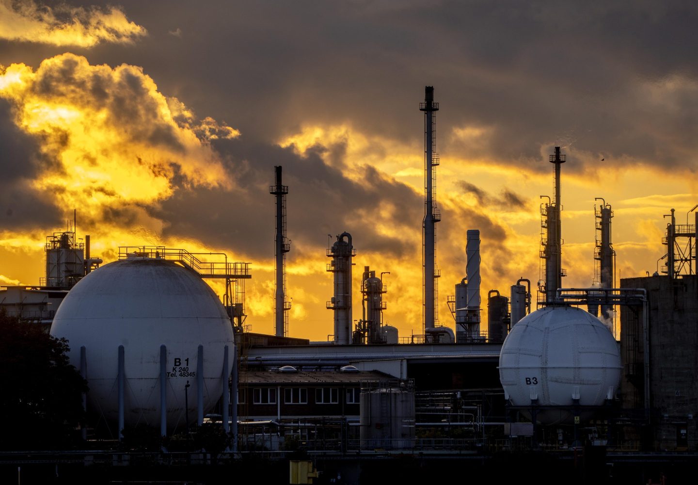 Chimneys and gas tanks are pictured on the BASF chemical plant in Ludwigshafen, Germany, Sept. 27, 2022.