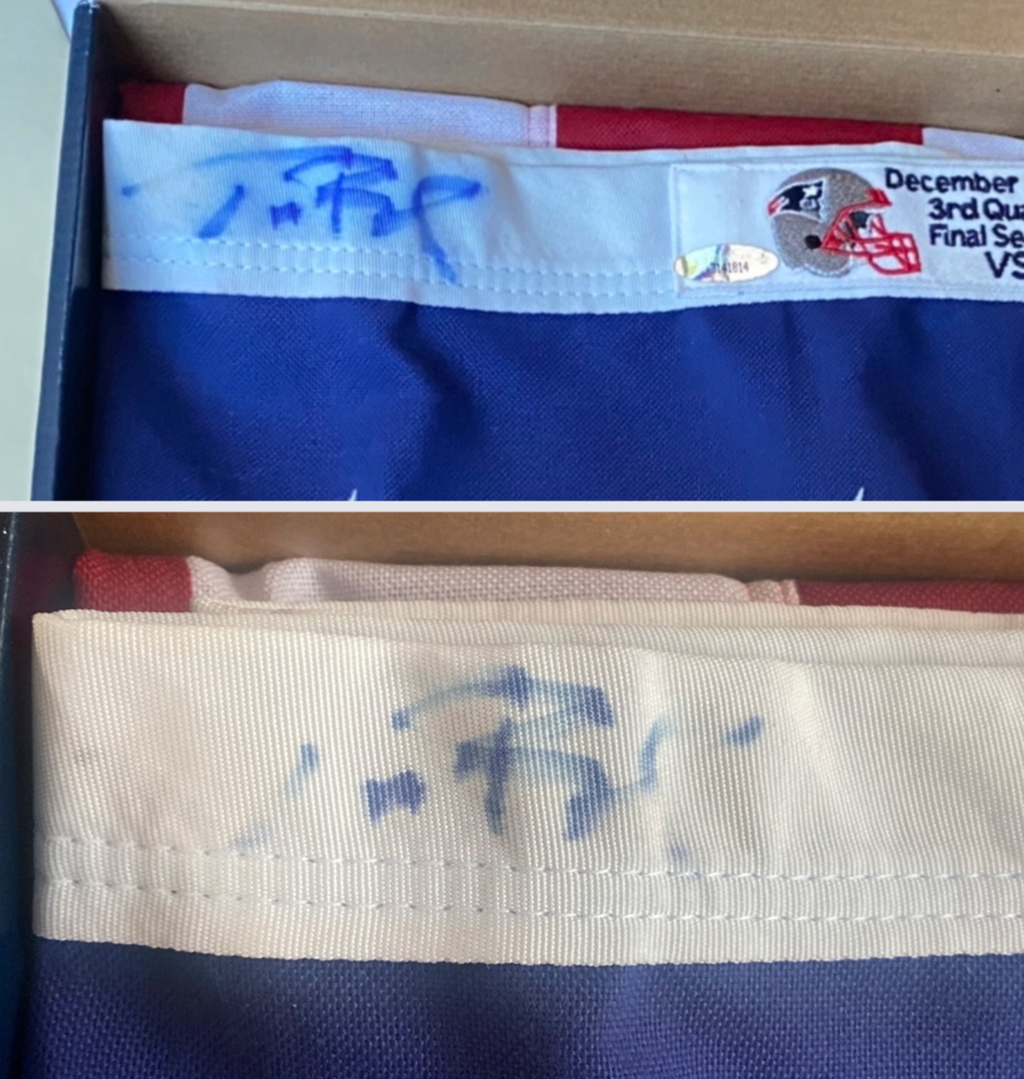 This image provided by Dan Vitale shows a U.S. flag signed by quarterback Tom Brady. Vitale, the owner of the flag, sued the New England Patriots on Oct. 5, 2022, saying the team caused irreparable damage to the flag by improperly displaying it at the team's hall of fame at Gillette Stadium.