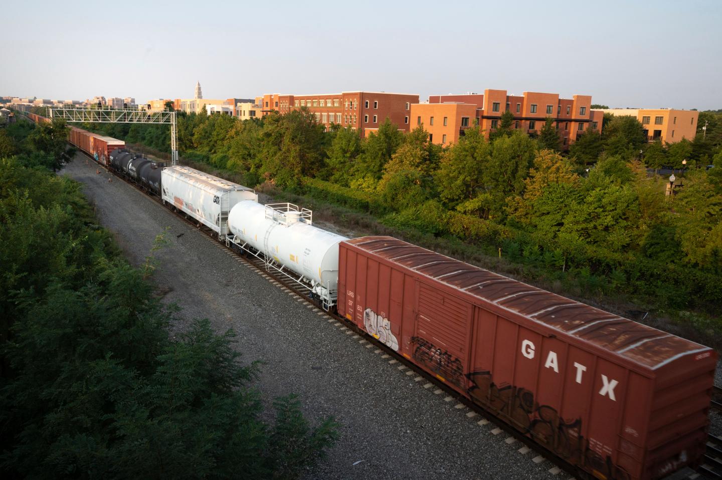 A train rolls by.