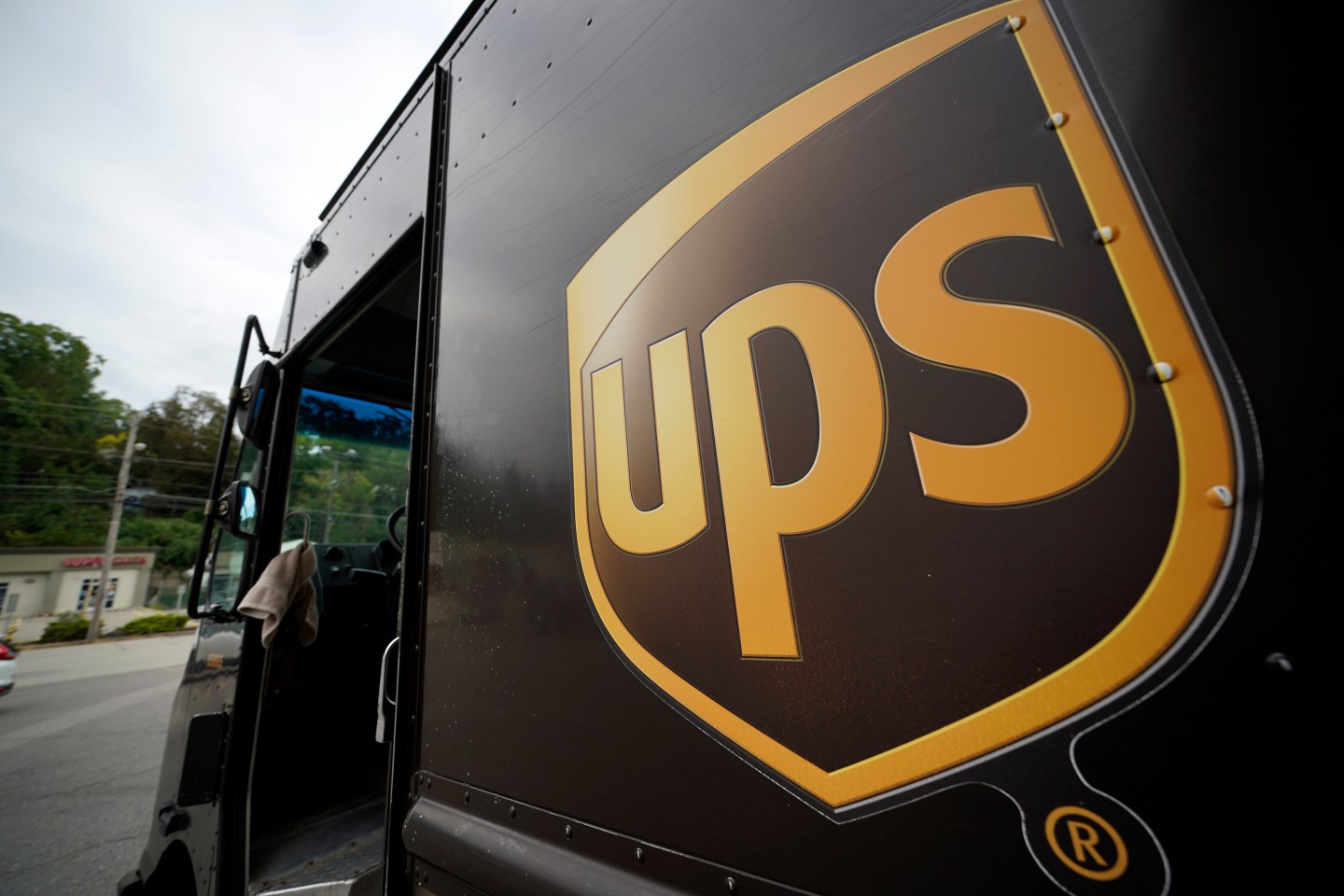 The UPS logo is displayed on the side of a delivery truck in Mount Lebanon, Pa., Sept. 21, 2021.