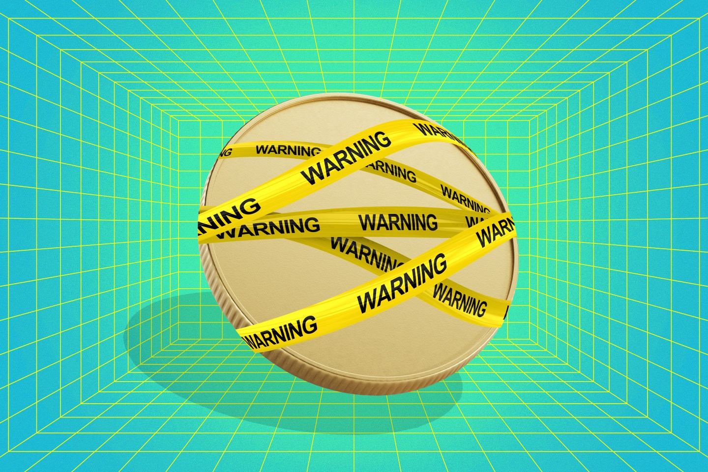Photo illustration of gold coin wrapped in warning tape.