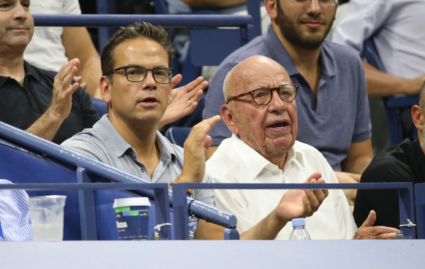 Rupert Murdoch and his son Lachlan Murdoch (left) attend the quarter-final match of countryman John Millman of Australia against Novak Djokovic on day 10 of the 2018 tennis U.S. Open in Flushing Meadows, Queens, New York City.