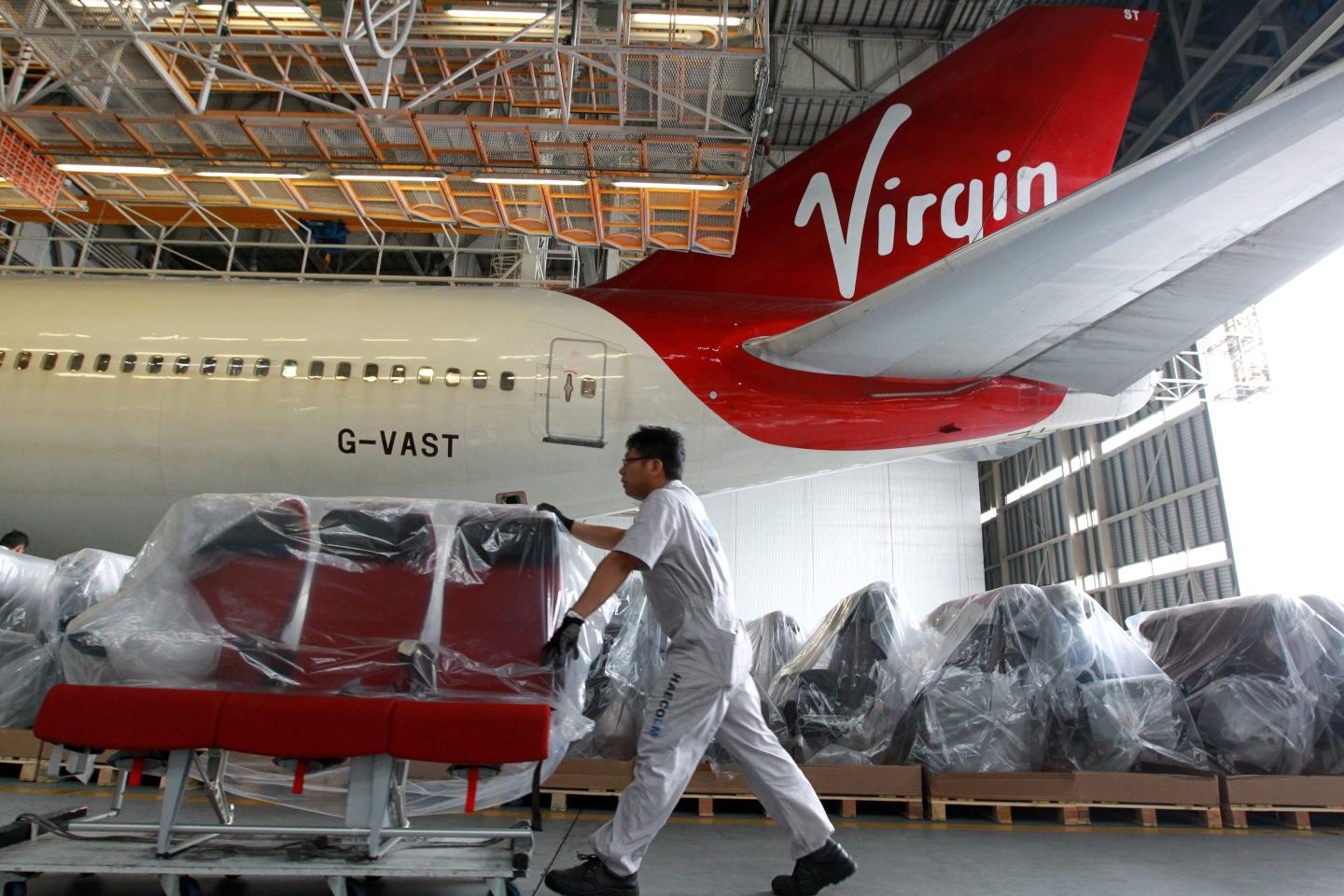 Virgin Atlantic plane at HAECO maintenance port in Hong Kong International Airport
